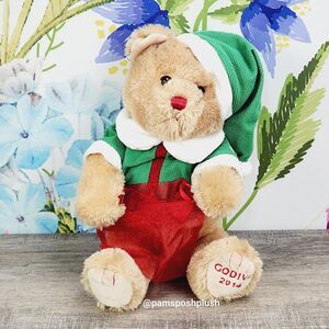 Gund Godiva Christmas Teddy Bear Plush 11" Elf Outfit Green Red 2014 Advertising
